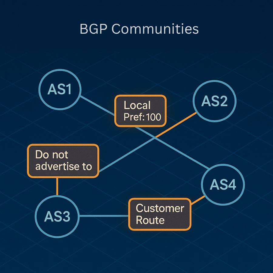 Diagramm mit vier Kreisen, beschriftet AS1, AS2, AS3 und AS4, verbunden durch Linien mit Textfeldern 'Local Pref: 100', 'Do not advertise to' und 'Customer Route'. Überschrift 'BGP Communities'.