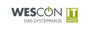 Logo Wescon, grauer Schriftzug mit hellgrünen Highlights.